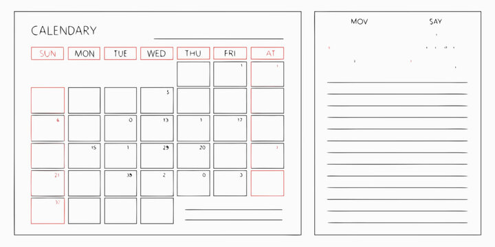 Minimalist calendar template with blank monthly spread and notes page