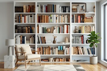 Modern home library interior with white built-in bookshelf filled with books, comfortable beige armchair and decorative plant in bright living room.