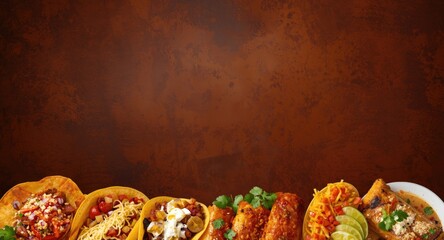 Obraz premium Mexican cuisine showcased as a bottom border on a dark banner with a rich background tone