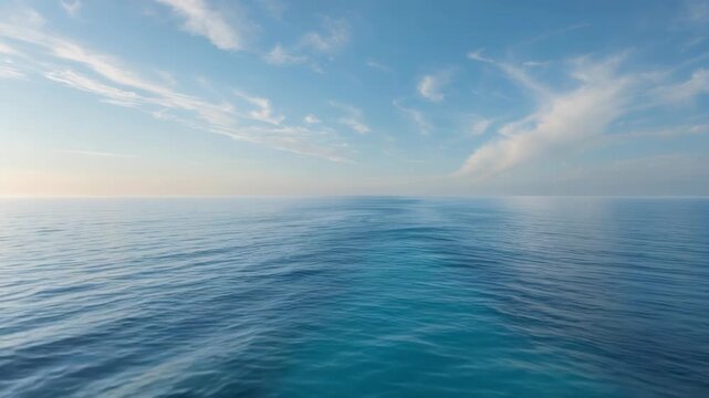 Cinematic low angle shot of a ship wake trail cutting through calm deep blue ocean water under a clear sunny sky. Perfect for travel documentaries