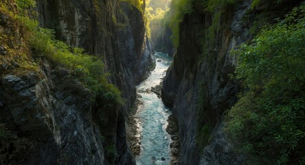 A gorge with a winding small river surrounded by bright green foliage in a canyon setting