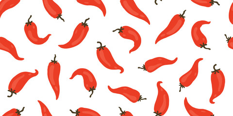 Chili pepper seamless horizontal pattern with red hot vegetables in doodle cartoon style. Minimalist hand-drawn spicy food background for kitchen textiles, Mexican food packaging and cute stationery.