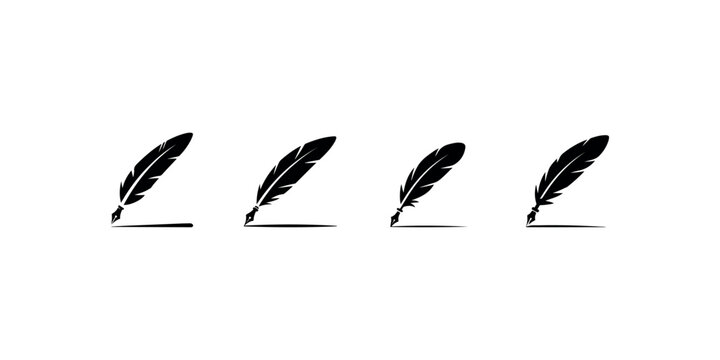 Set of four black feather quill pen icons with nib drawing lines on white background for writing tools symbols poetry literature and creative calligraphy