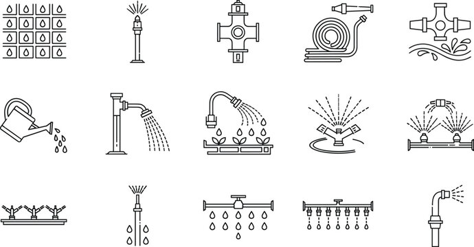 Irrigation and Water Sprinkler Line Icon Vector Set Featuring Garden Watering Systems, Pipes, Nozzles, Valves, and Agricultural Spray Equipment