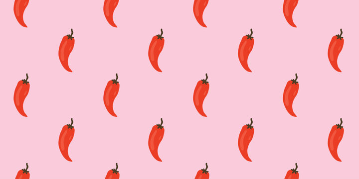 Chili pepper seamless pattern on pink background. Red hot vegetable horizontal vector in doodle cartoon style. Cute minimalist spicy food background for stylish kitchen textiles and modern packaging.