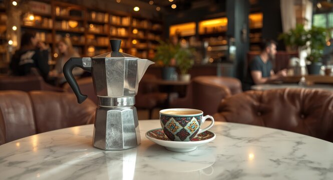 Inviting coffee shop environment featuring a moka pot and decorative espresso cup on marble