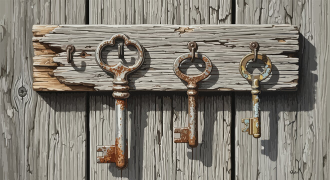 Vector illustration of three antique, rusty skeleton keys hanging from metal hooks on a distressed