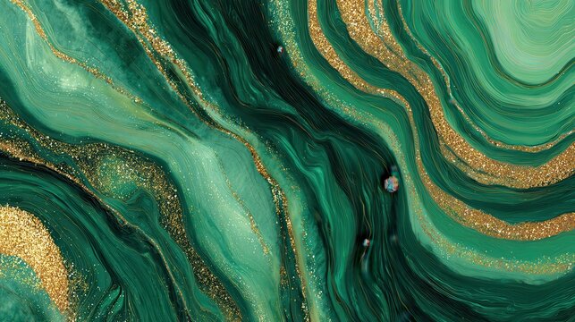 Abstract Green Liquid Marble Background with Sparkling Gold Glitter Veins