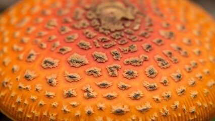 Close-up of a vibrant orange mushroom with white spots.