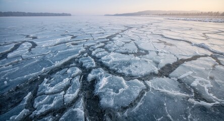 Detailed fissure system in a frozen river's solid ice sheet