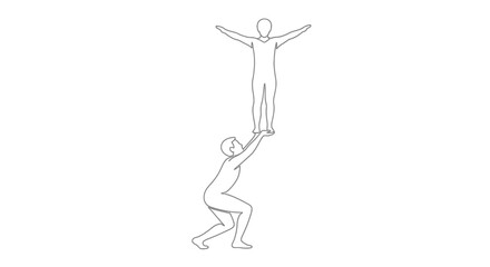 Simple line drawing depicting a person lifting another person upwards