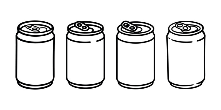 Aluminum soda can icon set in hand drawn doodle style for beverage packaging design and soft drink advertising and recycling concept with black lines