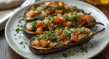 Savory grilled eggplant halves layered with a fresh vegetable filling and sprinkled with herbs