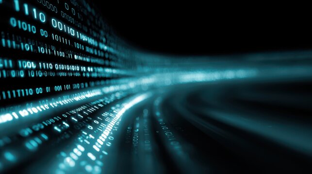 Abstract digital binary code stream flowing on dark background, technology and cyber security concept
