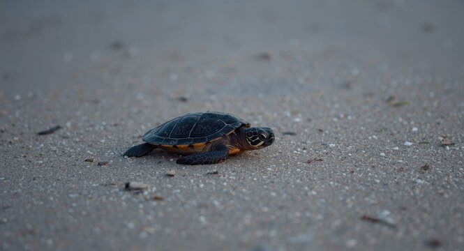 Young turtles crawling on beach sand during calm dusk