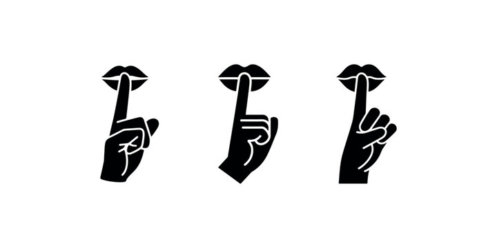 Quiet please gesture, shhh silence symbol icon, be quiet finger on lips sign, hush hand gesture, human palm with index finger pressed to lips