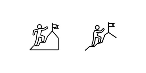 Simple line art icons representing achievement climbing mountain peak with flag for success goal direction and progress concept