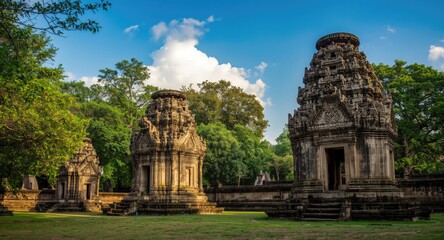 Ancient stone edifices positioned in lush natural surroundings