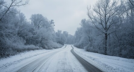 Fototapeta premium Snow blanketed asphalt road cutting through isolated winter woodland scenery