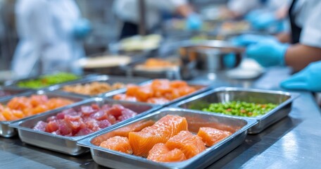 Obraz premium The Salmon Fillets on Stainless Trays in a Busy Commercial Kitchen Preparing Fresh Sushi