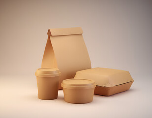 Minimalist brown cardboard containers with logo placeholder. Trendy food brand style. 3D rendering.