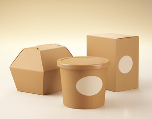 Minimalist brown cardboard containers with logo placeholder. Trendy food brand style. 3D rendering.