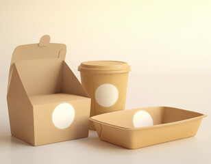 Minimalist brown cardboard containers with logo placeholder. Trendy food brand style. 3D rendering.