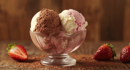 Homemade Neapolitan ice cream with classic vanilla chocolate and strawberry flavors
