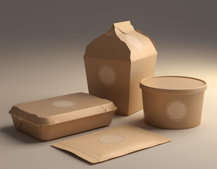 Minimalist brown cardboard containers with logo placeholder. Trendy food brand style. 3D rendering.