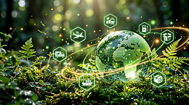 Sustainable supply chain and green logistics concept with glowing earth globe and transport icons in a sunlit forest
