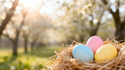 Obraz premium Dyed Easter eggs pastel blue and pink shades in natural straw or hay in Spring