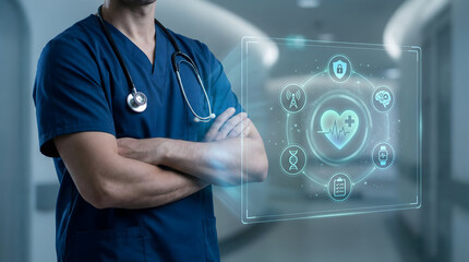 Doctor Confidently Posing with Futuristic Healthcare Digital Interface
