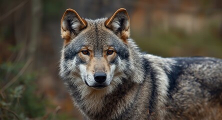 Fototapeta premium Natural habitat scene featuring Eurasian wolf close up
