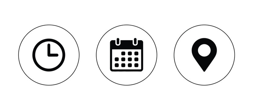 Time, Date And Location Icon Set. clock calendar location marker icon. vector