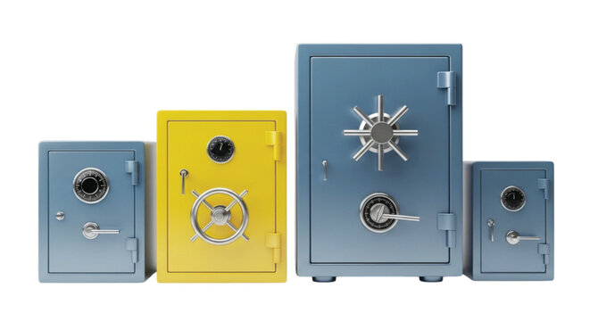Four safes of varying sizes are aligned. Three are blue, one is yellow. Each has a distinct locking mechanism, conveying security and variety.