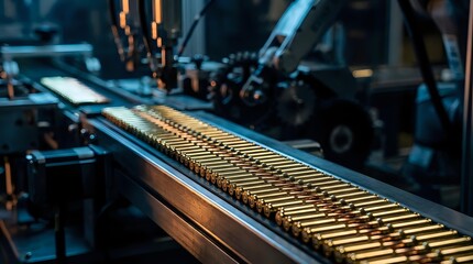 Industrial ammunition production line with brass cartridges moving through automated manufacturing equipment in modern factory setting.
