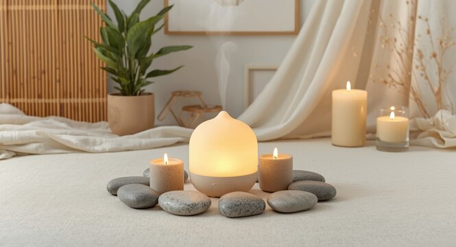 Calming indoor meditation space with diffuser candles stones and refined decorative touches