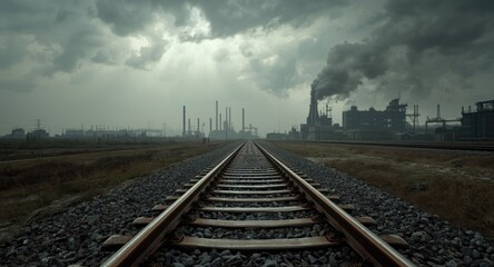 Obraz premium Railroad lines crossing an industrial landscape under a moody overcast sky with horizon buildings