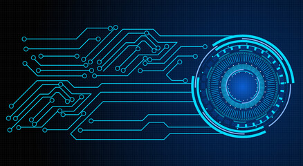 Futuristic Digital Circuit Board with Blue Technology Interface and Abstract Geometric 