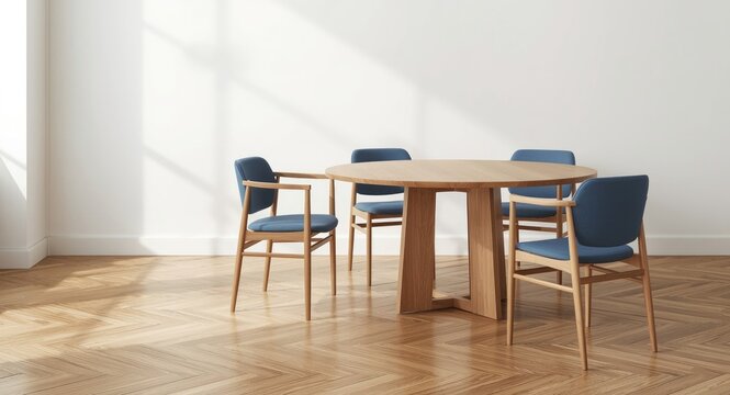 Stylish minimal dining area featuring wooden flooring, circular wooden table, mixed blue and wooden chairs and blank wall