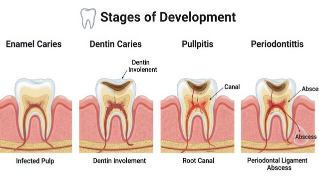 Stages of dental disease progression: enamel caries to periodontitis