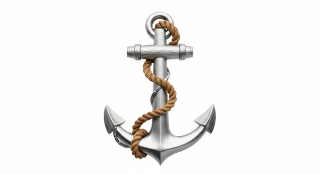 Detailed silver anchor with brown rope on white background