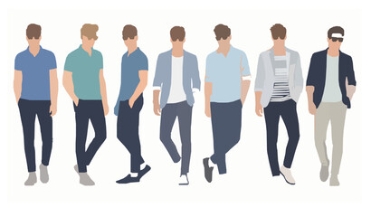 Fototapeta premium Fashionable young men modern casual summer outfits flat vector illustration