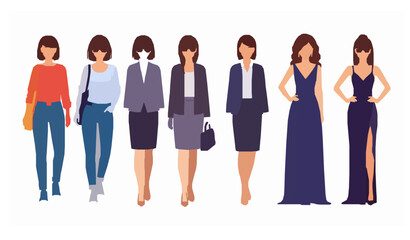Obraz premium Collection of stylish young women in trendy casual and formal outfits flat vector