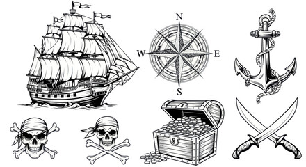 Pirate Treasure Map Elements: Ship, Skull, Compass, Anchor, Swords, Chest © Joni