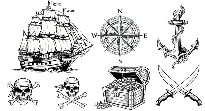 Pirate Treasure Map Elements: Ship, Skull, Compass, Anchor, Swords, Chest