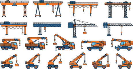 Construction Crane and Mobile Lifting Machine Vector Set Featuring Tower Cranes, Truck Cranes, Hoists, and Industrial Heavy Equipment © MstBobita