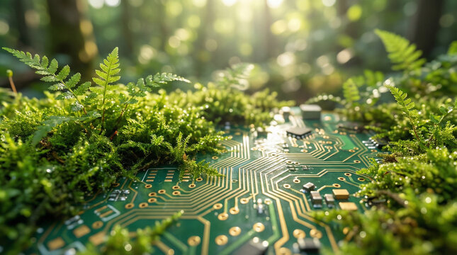 Circuit Board Overgrown with Green Moss and Nature Texture