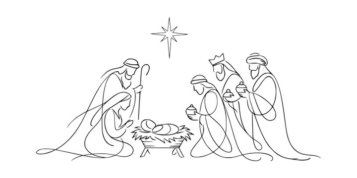 Nativity scene showing baby Jesus, Mary, Joseph, and three wise men in minimalist line art style on white background, symbolizing Christmas birth