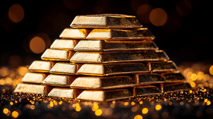 Gold bars stacked in a pyramid represent system, wealth and investment.